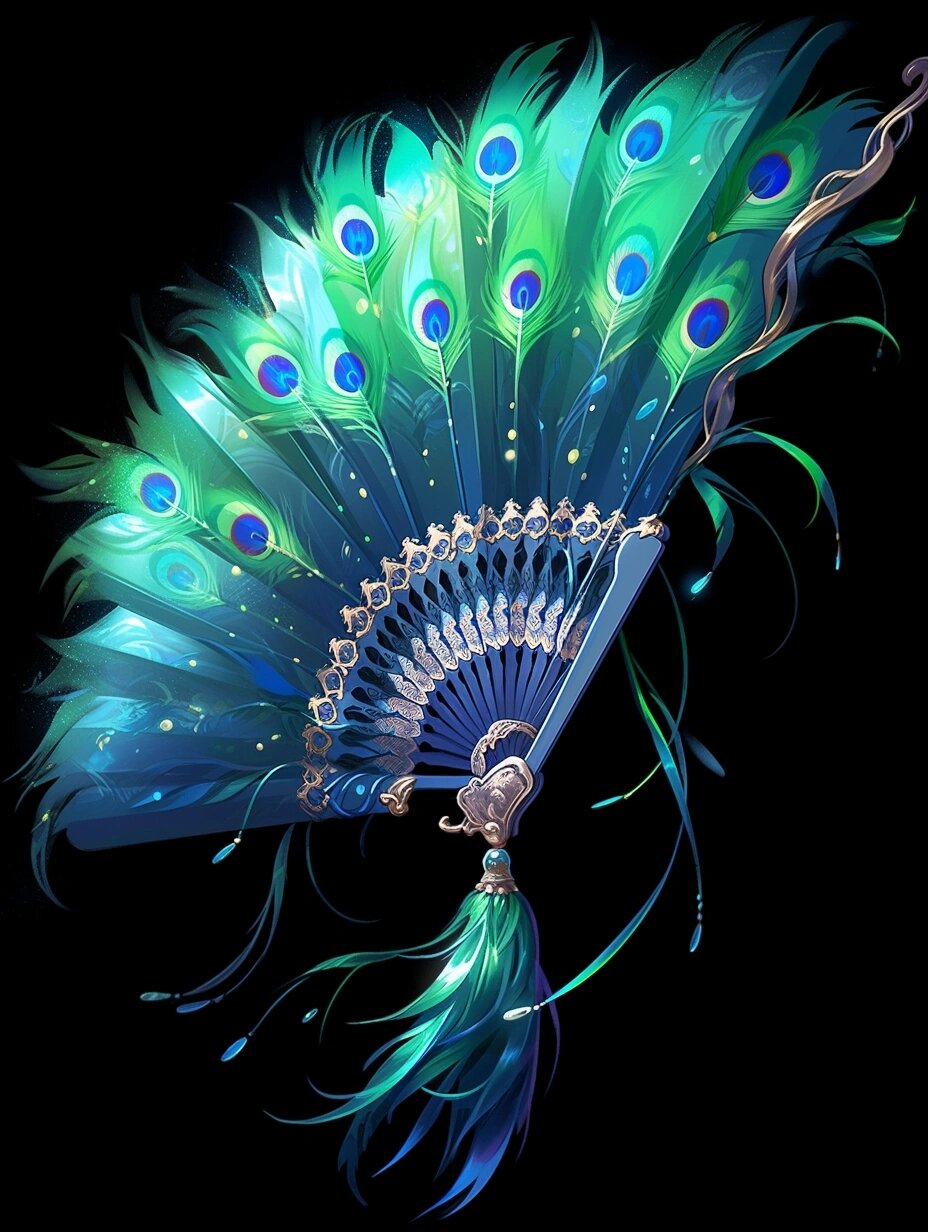仙侠武器——唐门:淬羽华光. 一把绿色孔雀羽毛做成的扇子.