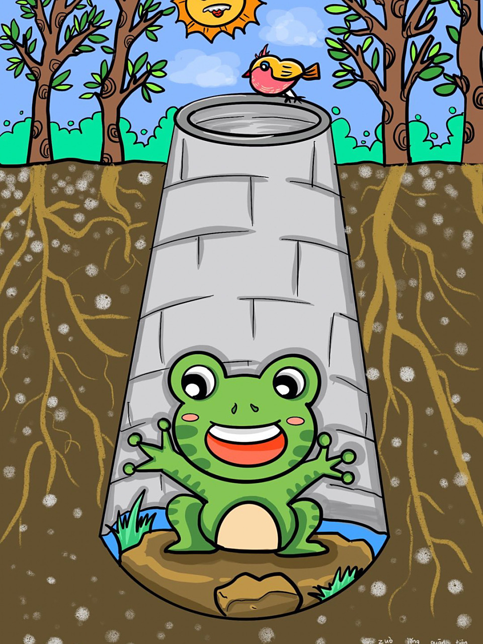 创意儿童画动物篇《坐井观天》 五六岁的宝宝们画出来效果好像还不错