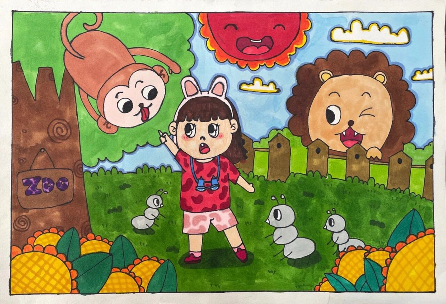 儿童画 《我爱动物园》 学生主题创作《我爱动物园》 每幅作品都有
