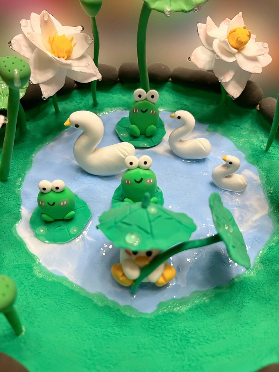 自制超轻黏土—荷塘景色 我自己原创设计的手工超轻黏土夏日荷塘景色