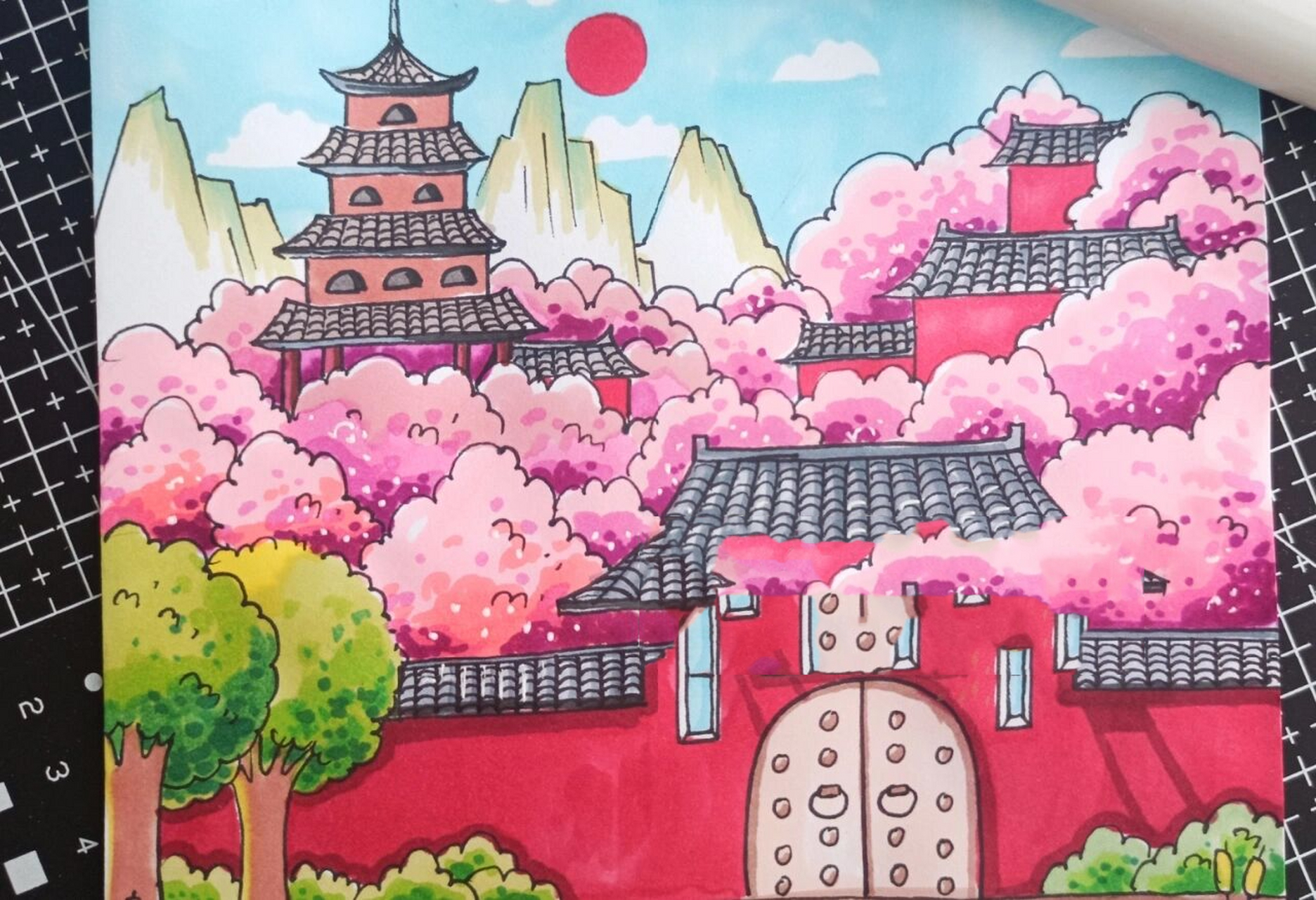 马克笔风景画/古诗配画大林寺桃花/桃花绘画 马克笔临摹风景画,荷花