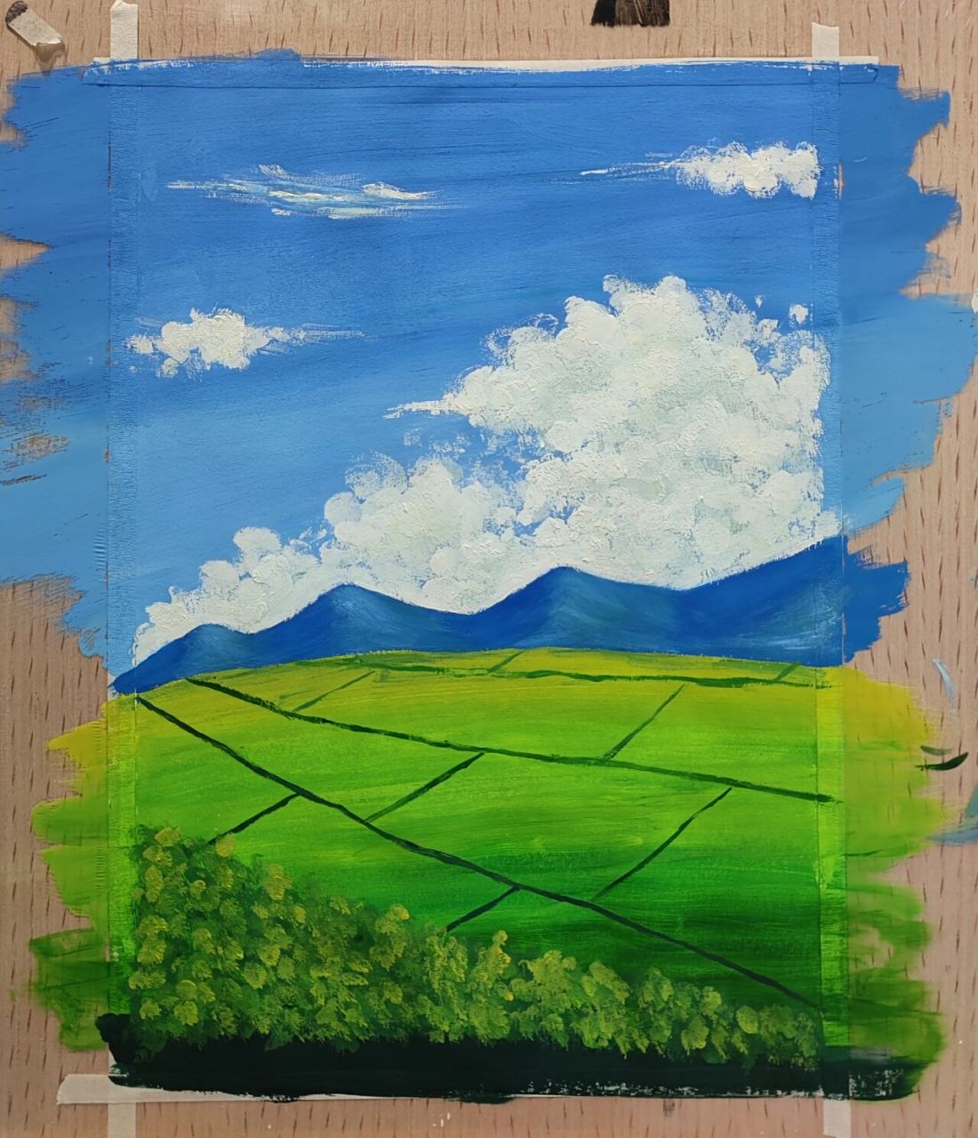 儿童水粉画 春天的景色 蓝天白云田野