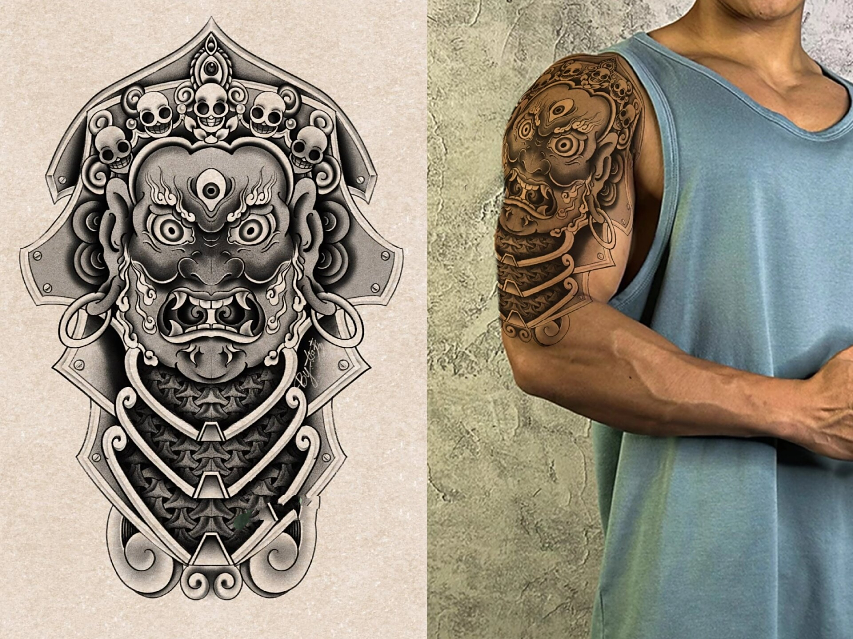 大黑天 盔甲 纹身设计 不适合瘦小的男生.