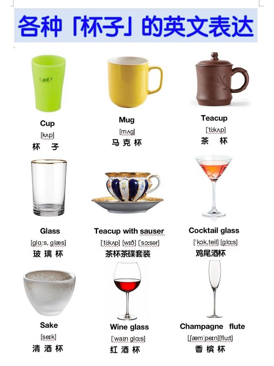 各种杯子英语词汇大全  杯子 cup马克杯 mug(通常来说,杯壁较厚,有