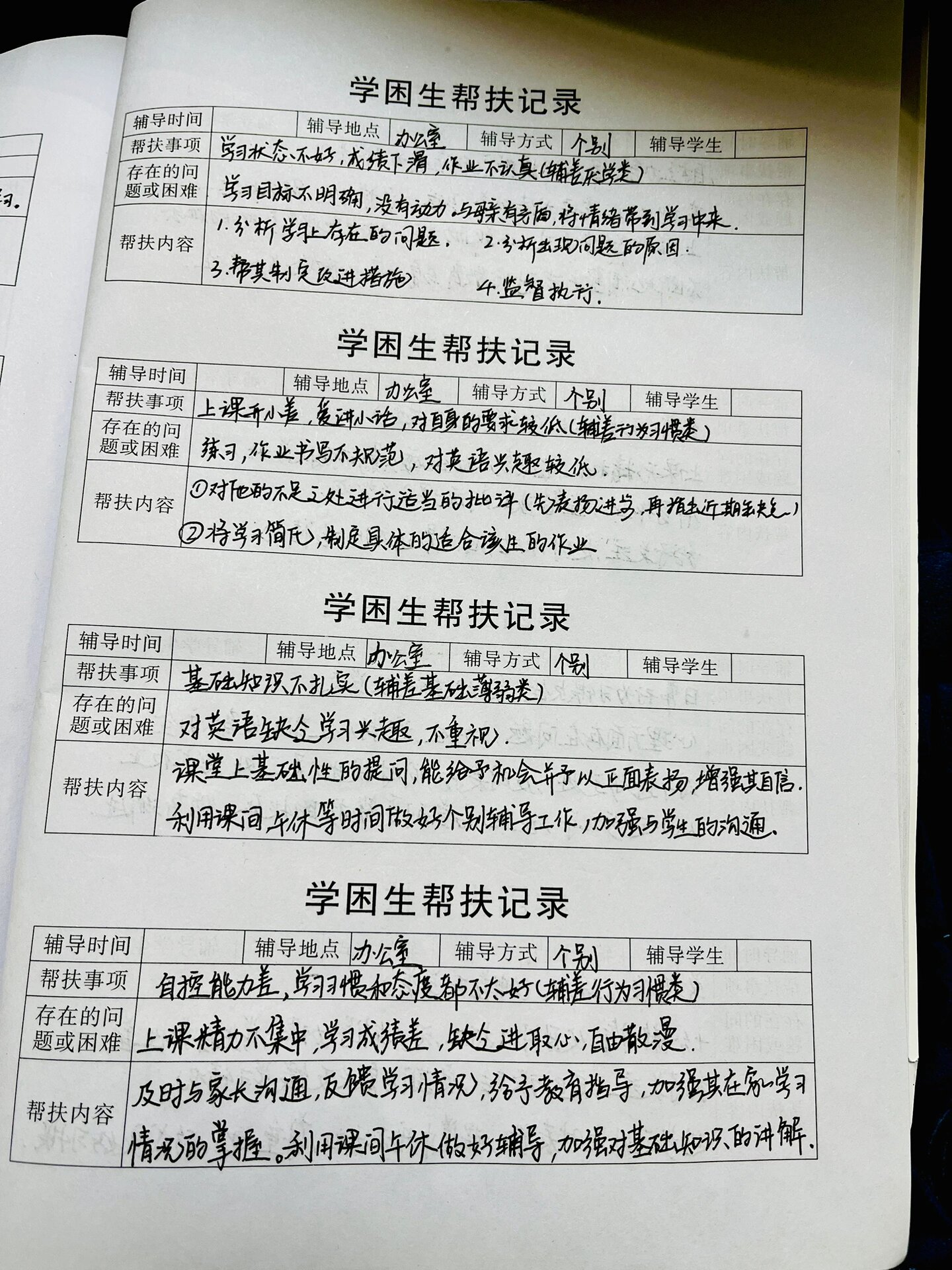 班级台账:学困生帮扶记录