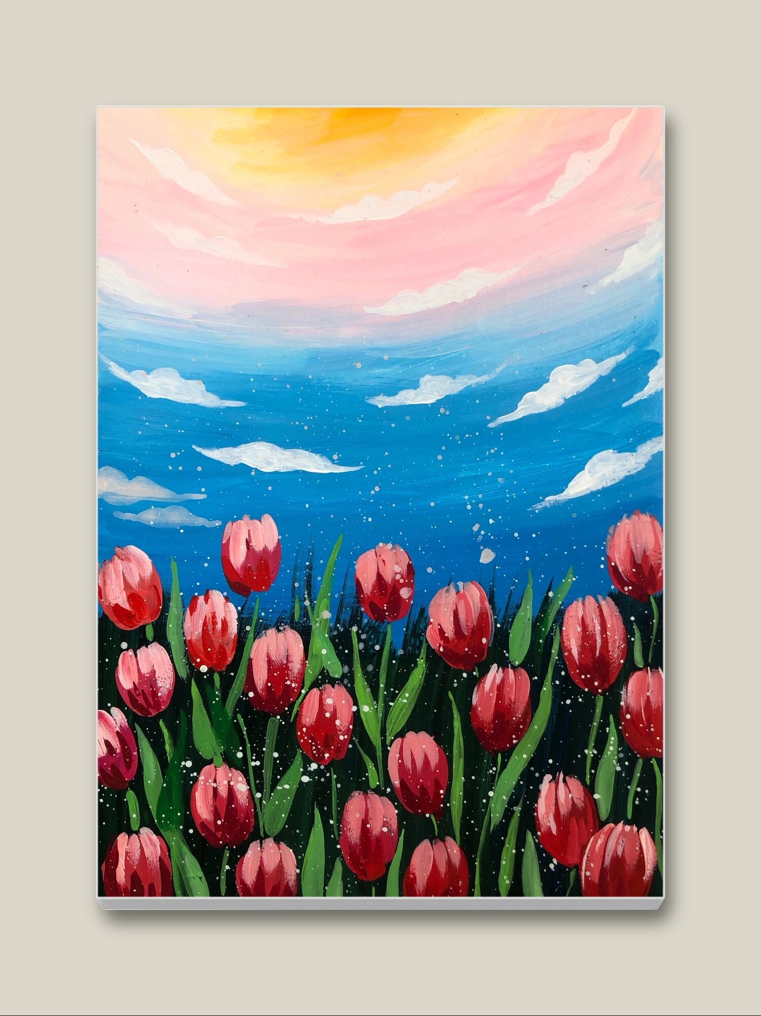 简单儿童水粉画风景画《浪漫郁金香》