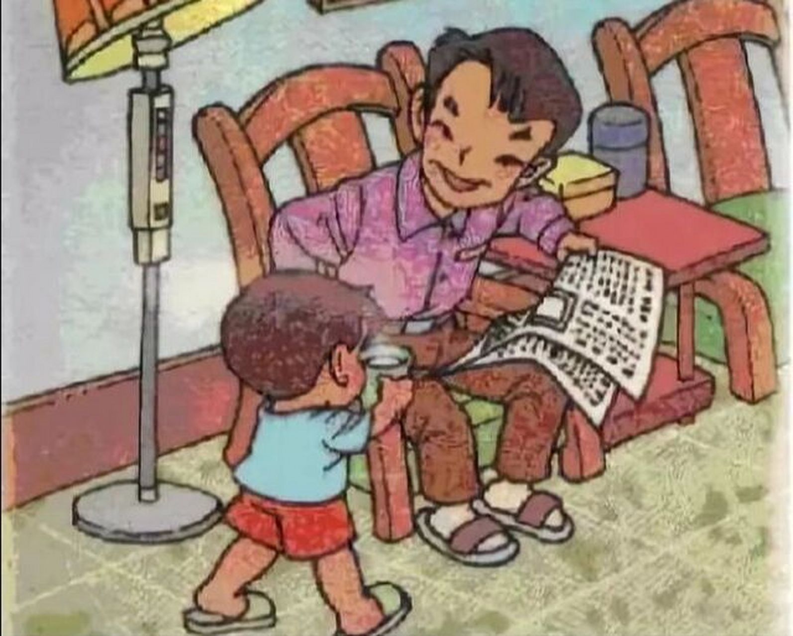 看图写话 爸爸辛苦了 一天晚上,爸爸干完了一天的工作回来,他换上了