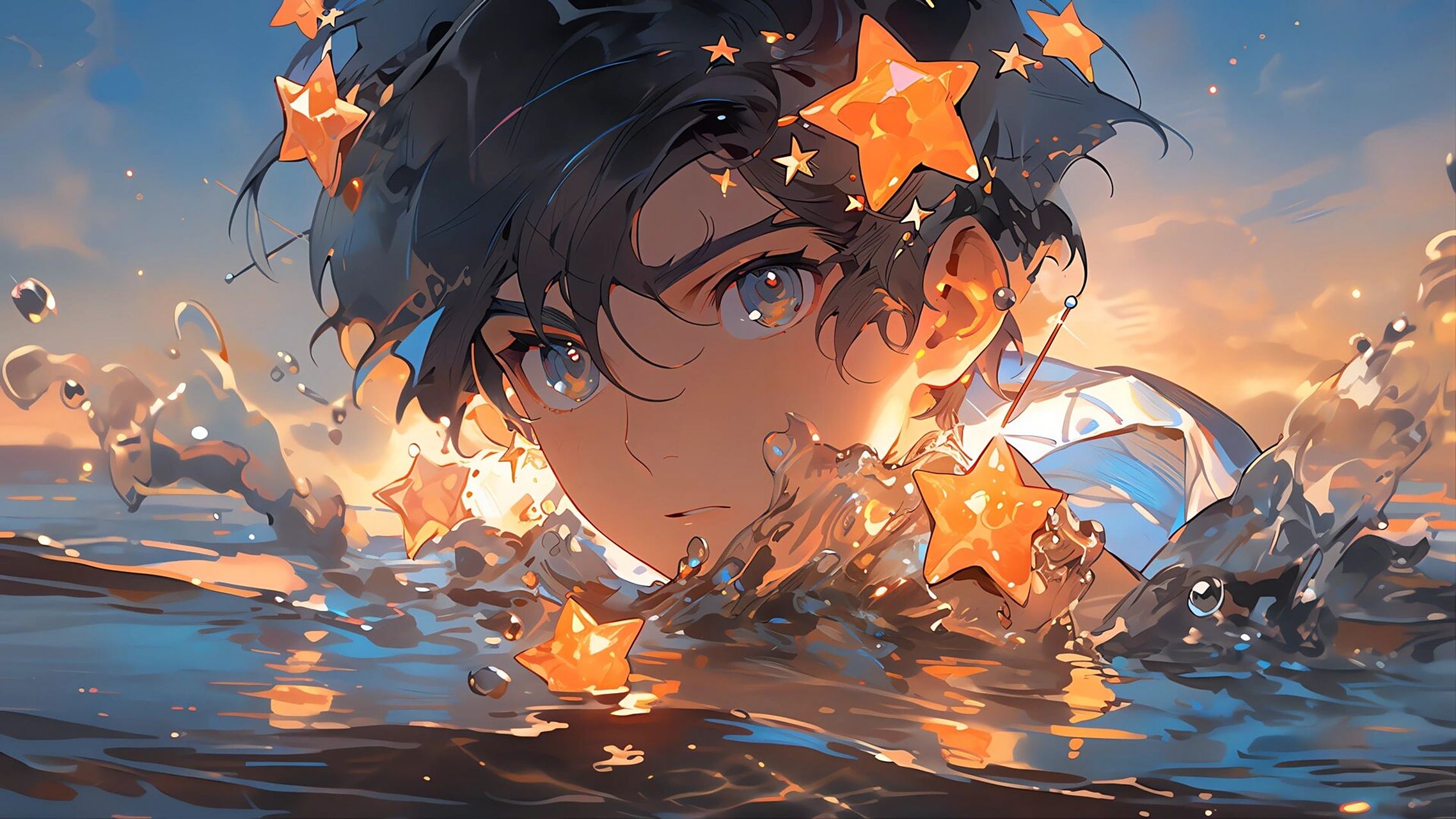 电脑壁纸 水中星星动漫少年,治愈系 midjourney|ai绘图 4k超清壁纸