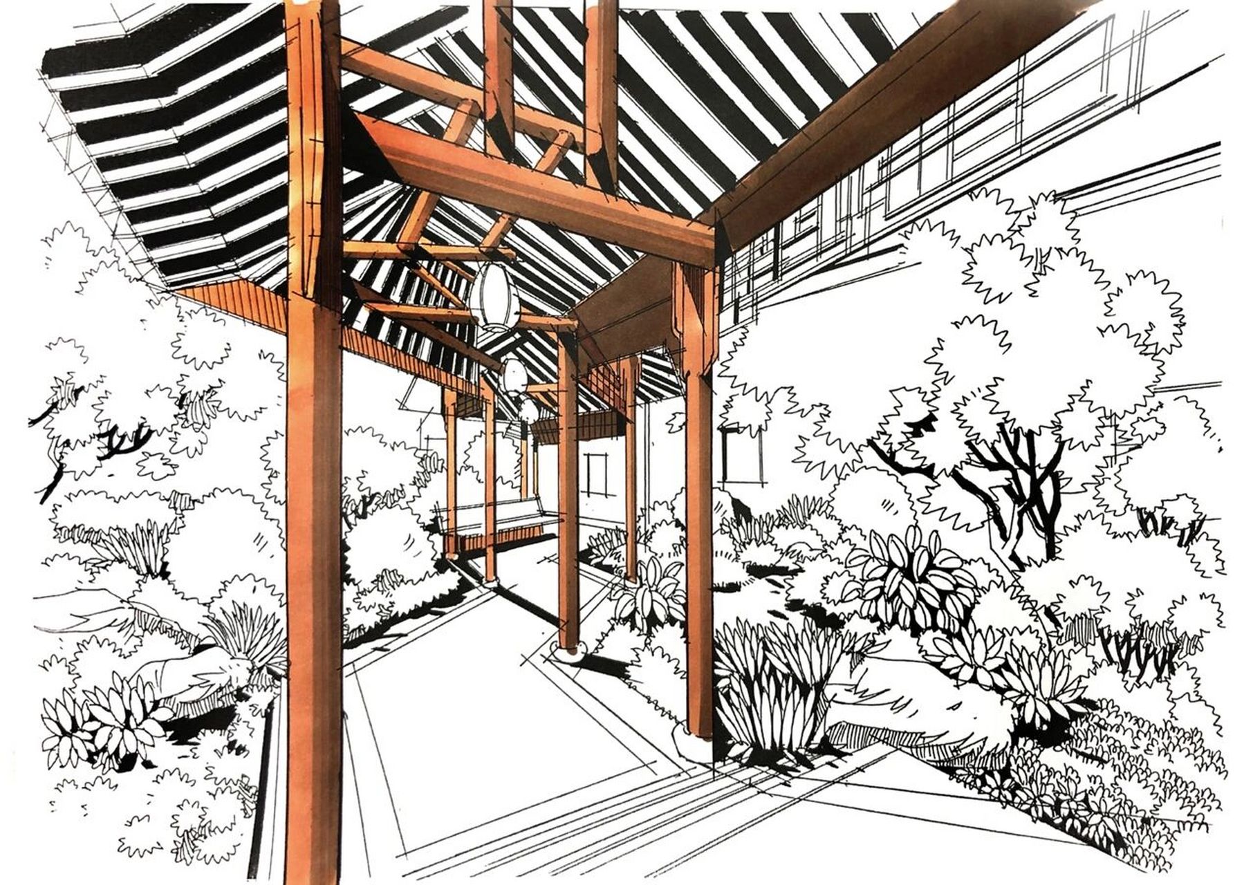 环艺手绘|景观长廊上色附线稿手绘全过程 ·今日份分享· 景观长廊