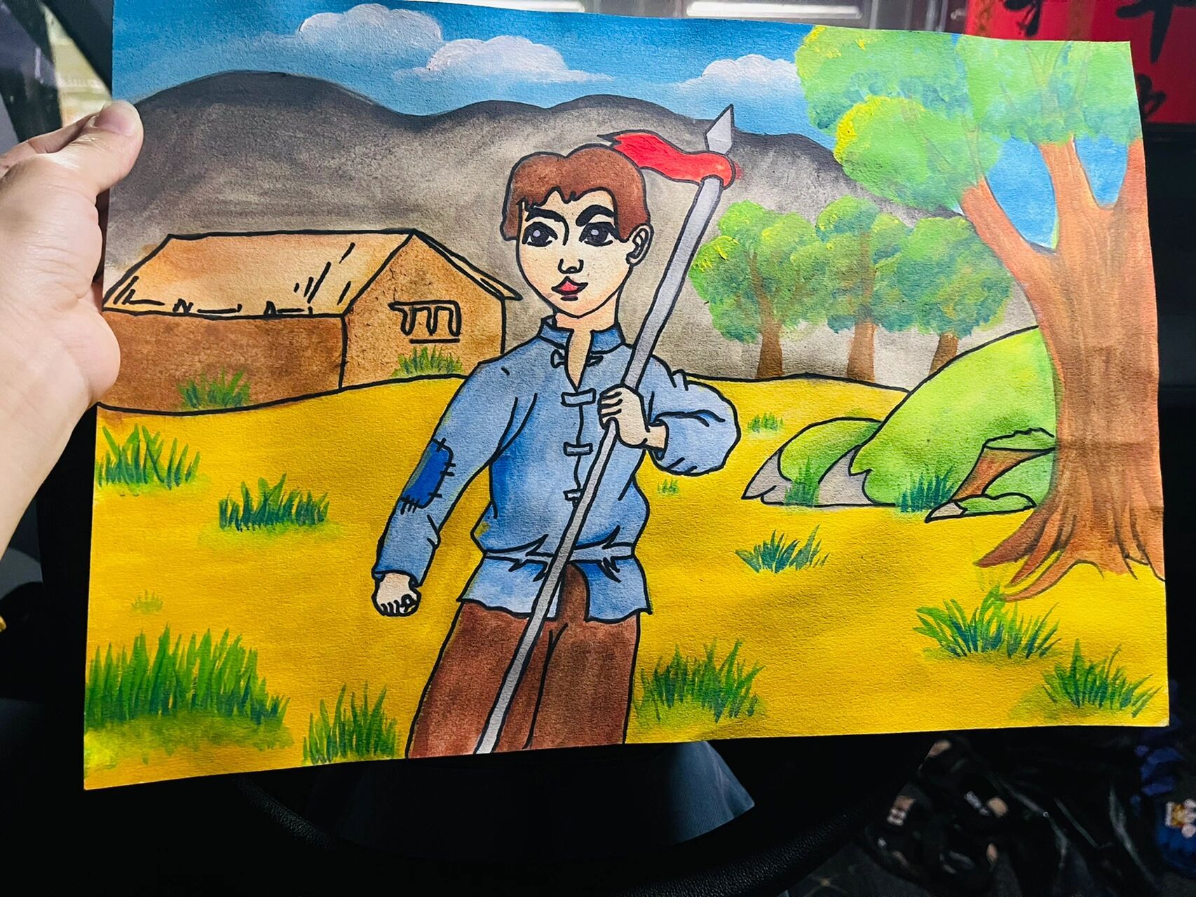 纸质是八开的水粉纸,人物是孩子自己选定的,费了4个小时吧,平常画的