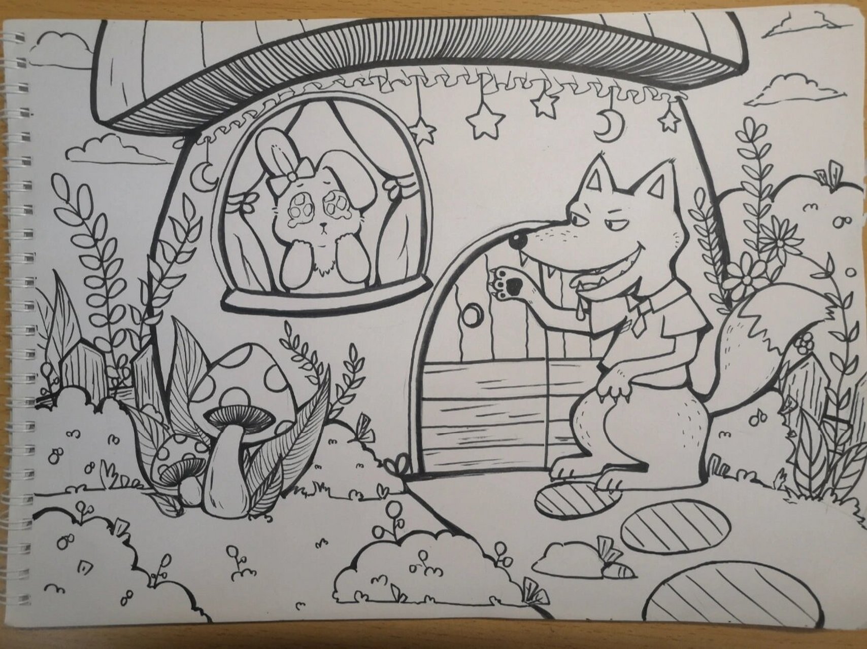 原创简笔画小白兔与大灰狼 作业,画面布局有参考