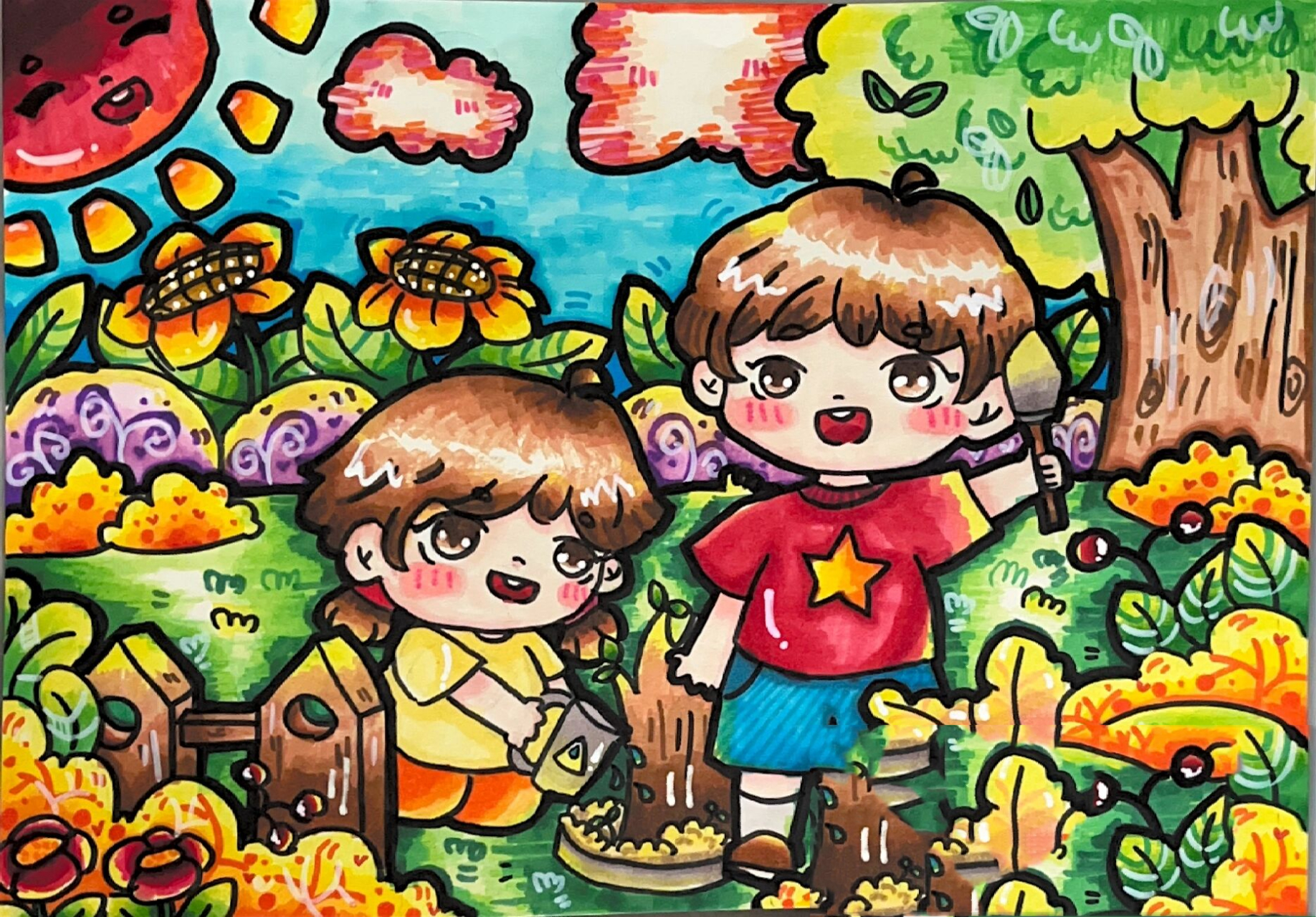 马克笔幼师儿童主题画《植树节》