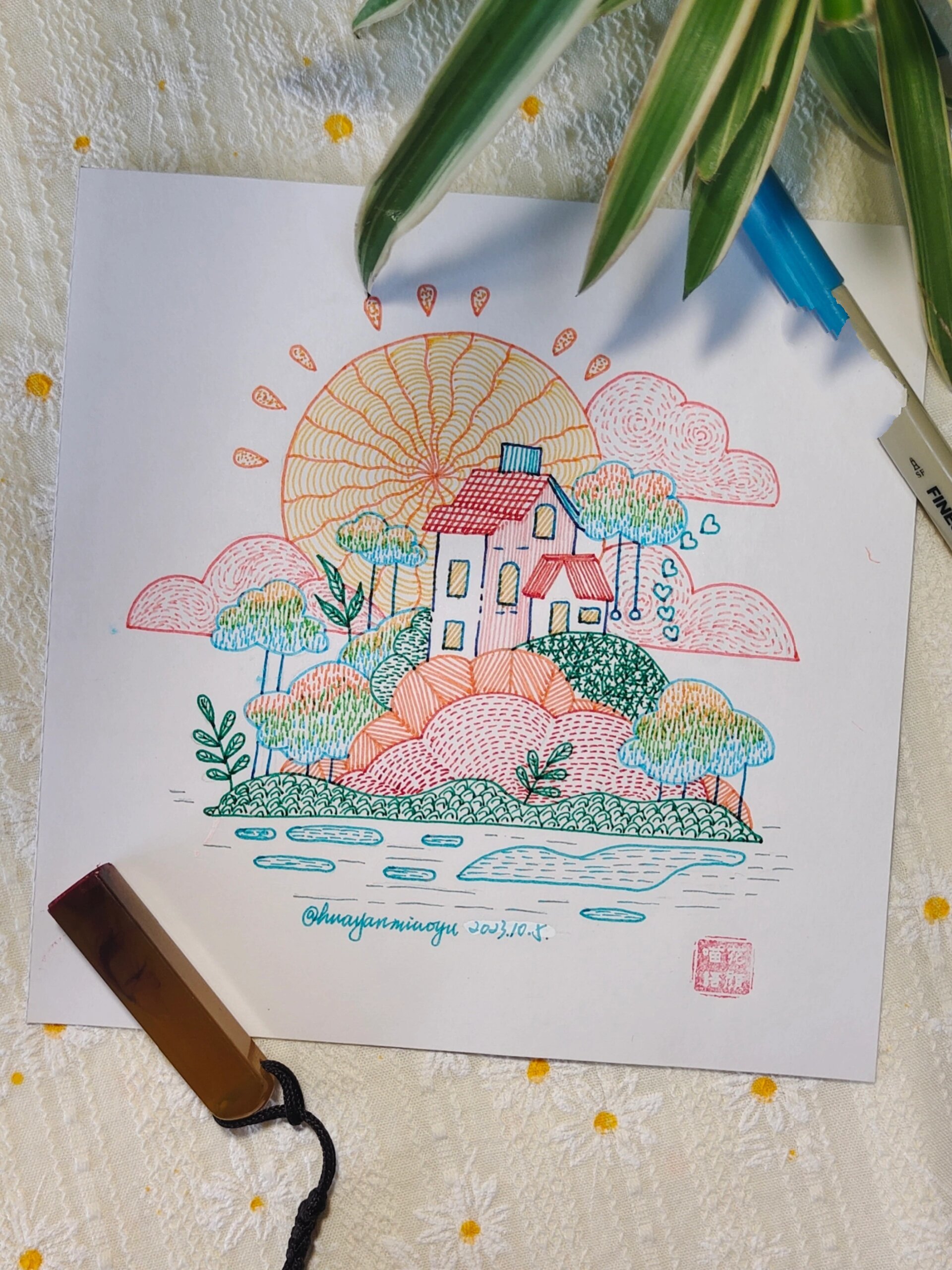 原创简笔画线描画|可爱的小房子|附过程图