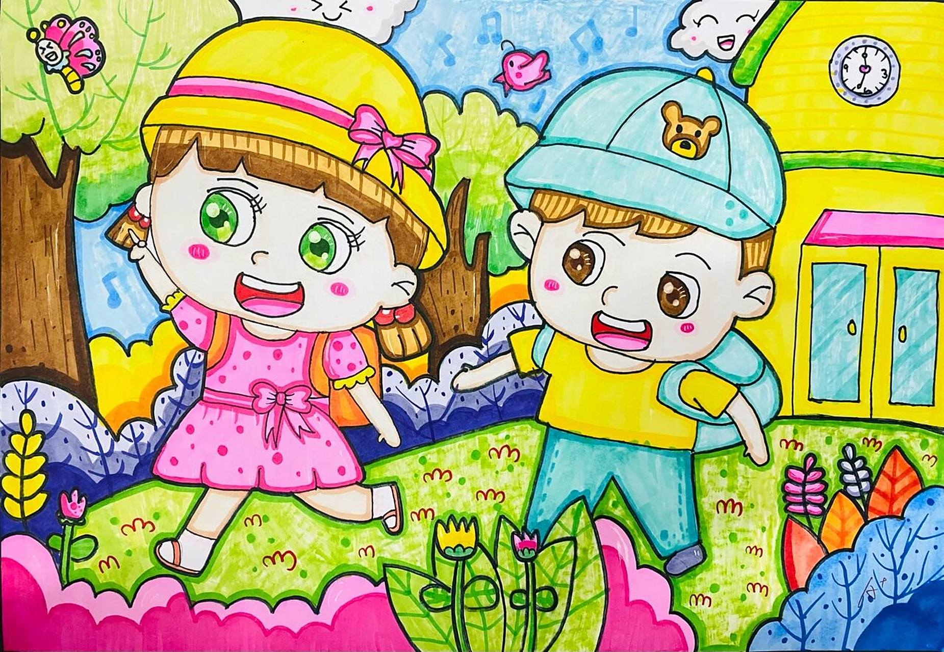 上学路上主题画|儿童简笔画 上学路上主题画,儿童简笔画.