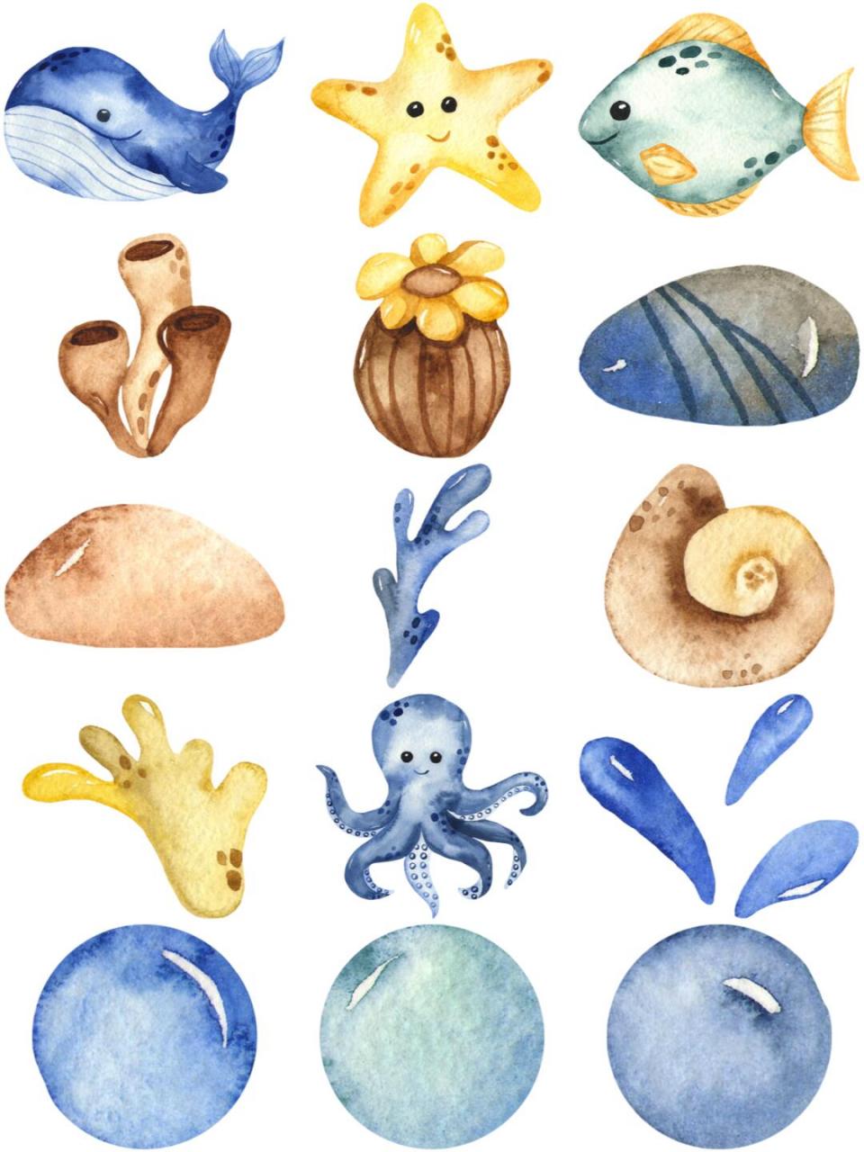 时尚水彩可爱清新卡通手绘水墨风格海底海洋鱼类海藻插画背景底纹