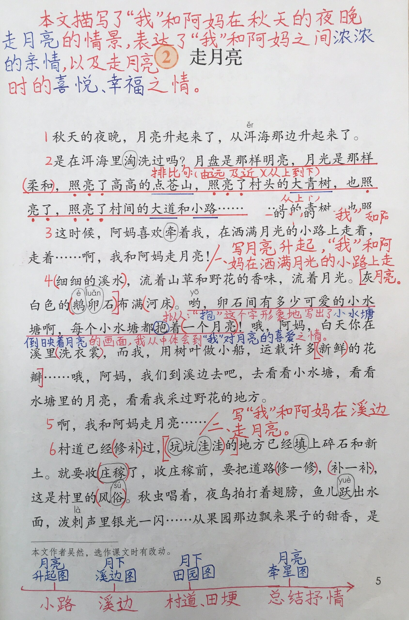 走月亮》 四年级语文上册第一单元《2.走月亮》课堂笔记