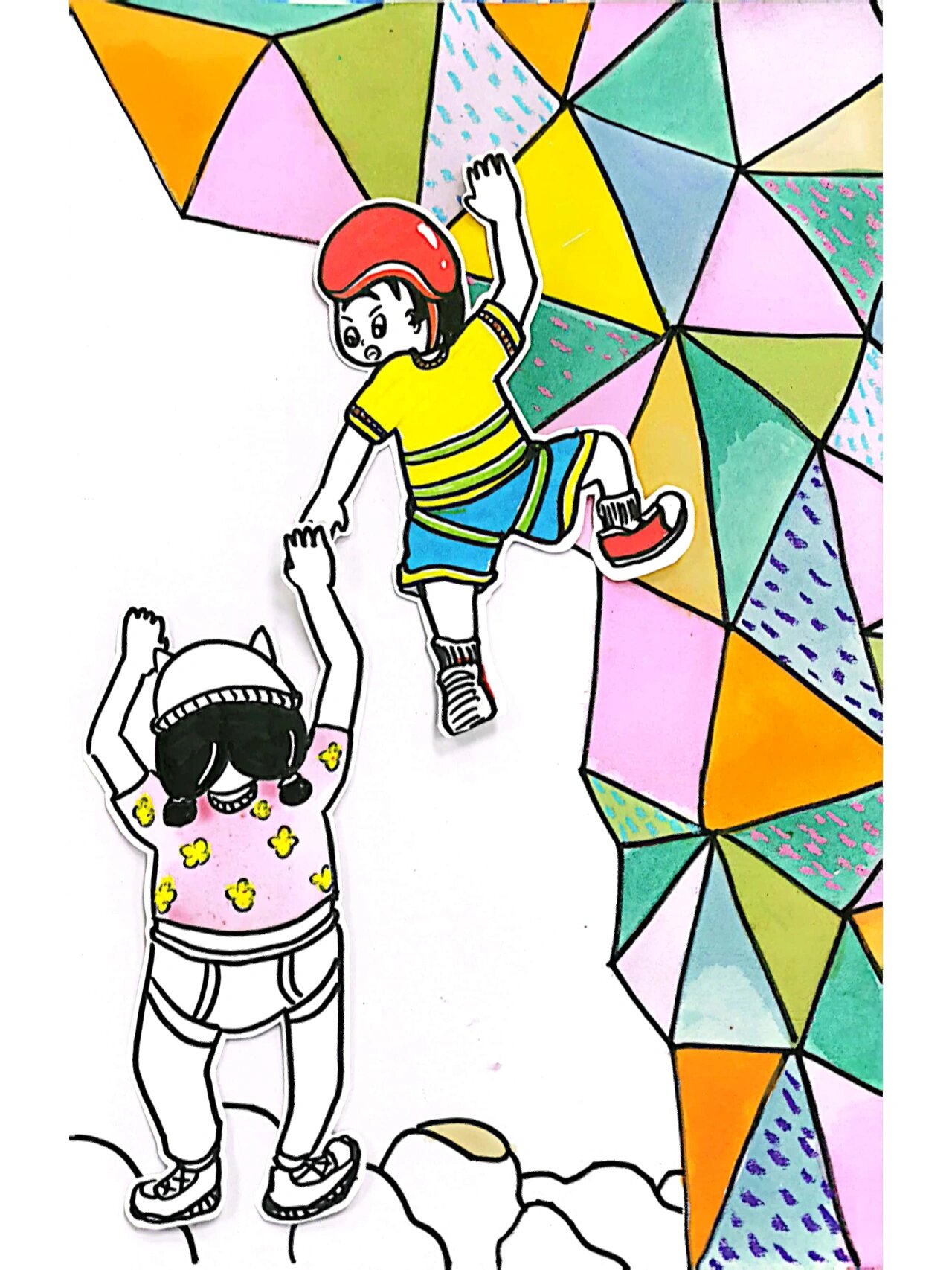七彩攀岩儿童画创意画|有步骤 1.