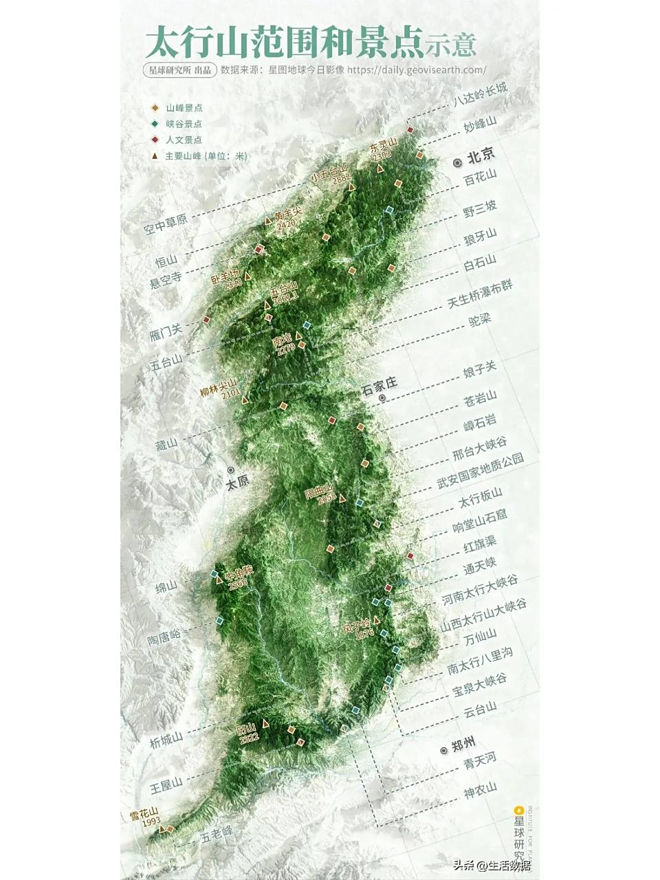 太行山范围和主要景点分布图 太行山范围和主要景点分布图