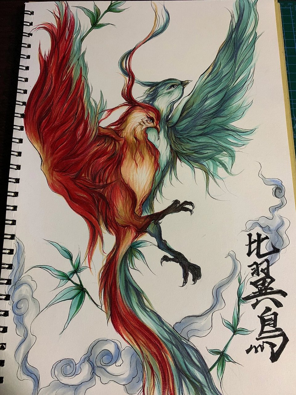 山海经手绘 临摹比翼鸟在其东,其为鸟青,赤,两鸟比翼.一日在南山东.