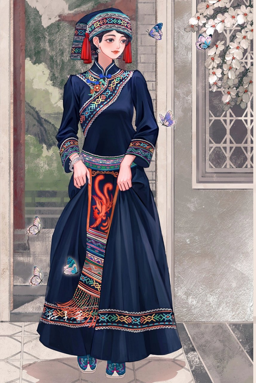 (民族风情插画)仫佬族姑娘 温柔美丽的仫佬族姑娘| "你是花丛中的蝴蝶