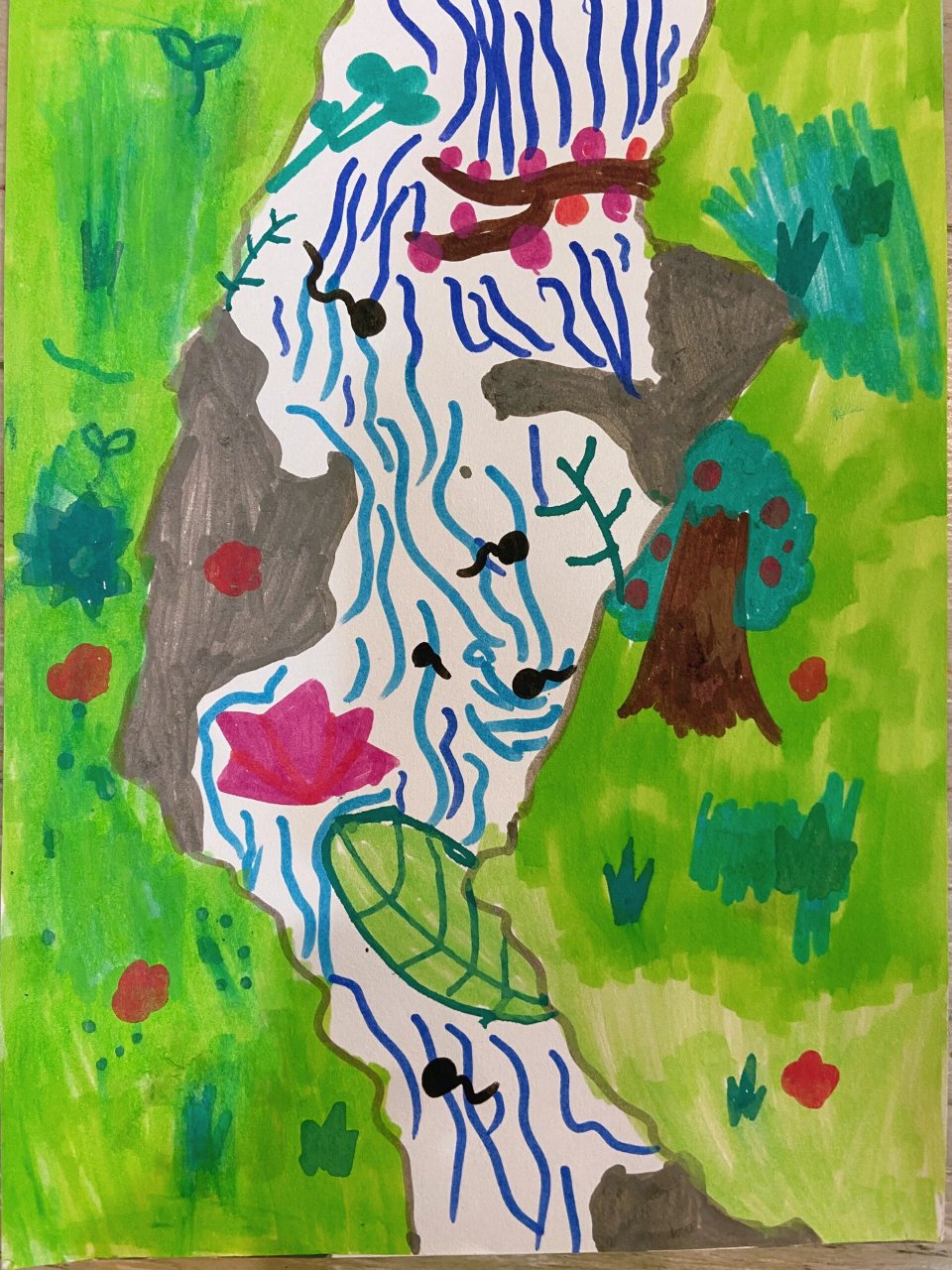 少儿手绘|潺潺的小溪水 这个内容可以通过理解线描画中线条的疏密,曲
