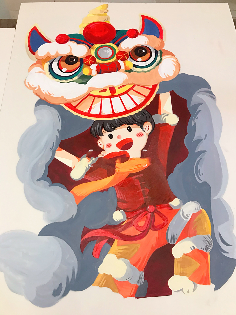 《岭南传统文化——舞狮》手绘 新的一年,给我们美术楼层的环创来个新