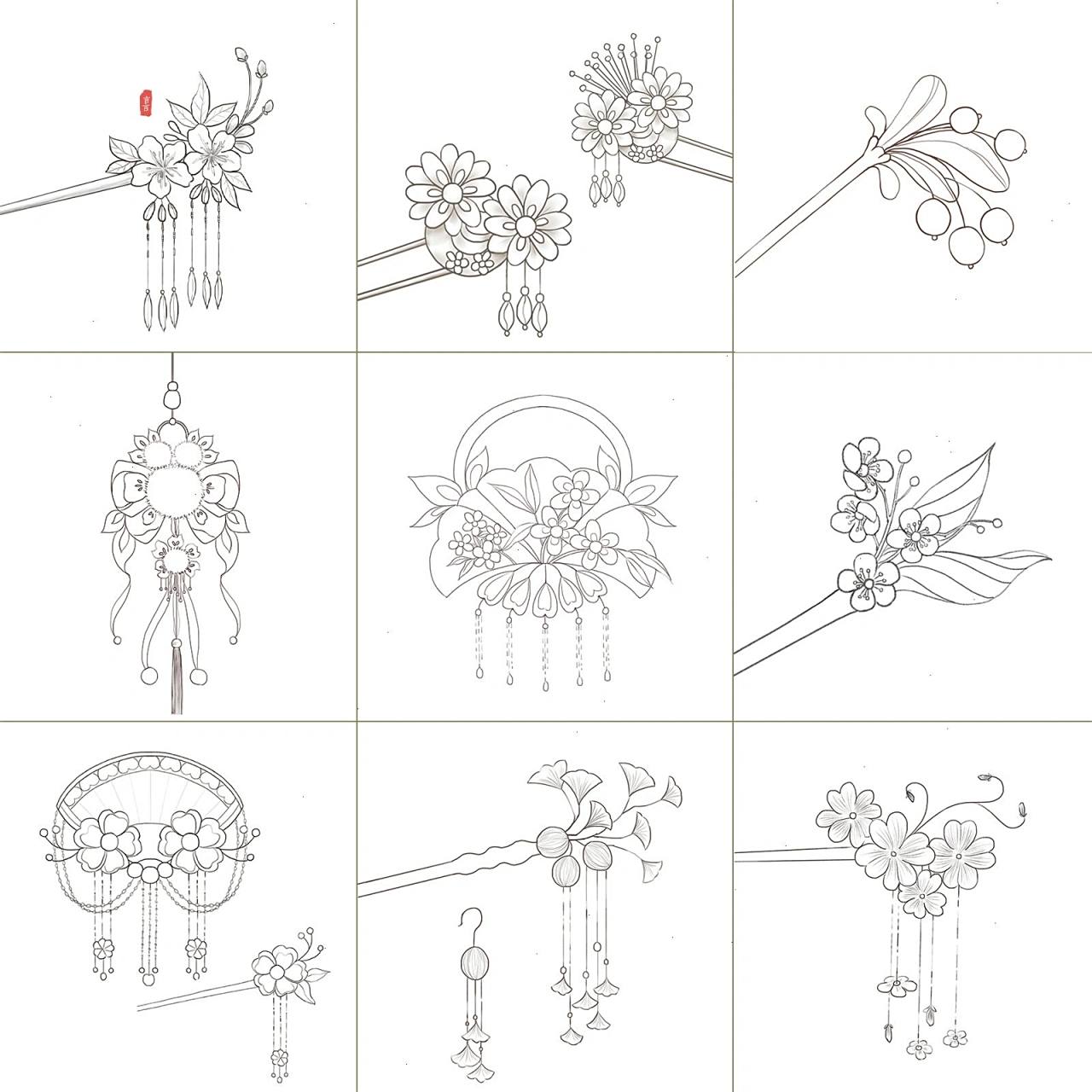 最近线描合集 古风发饰九宫格 古风发饰也有9张了线条越来越顺手了,画