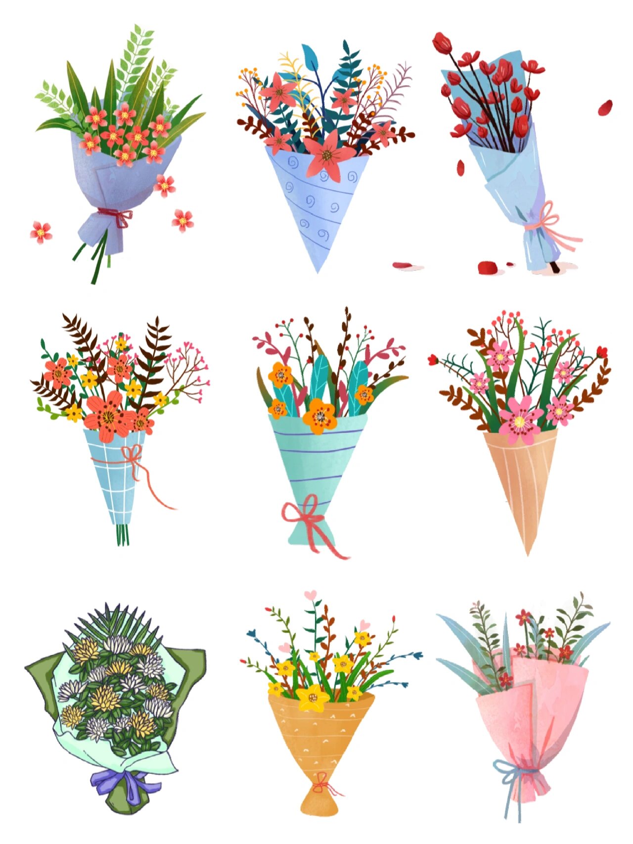 『36款花束素材』整束鲜花手绘风插画合集