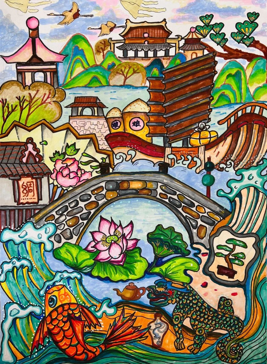 京杭大运河 主题 绘画 马克笔