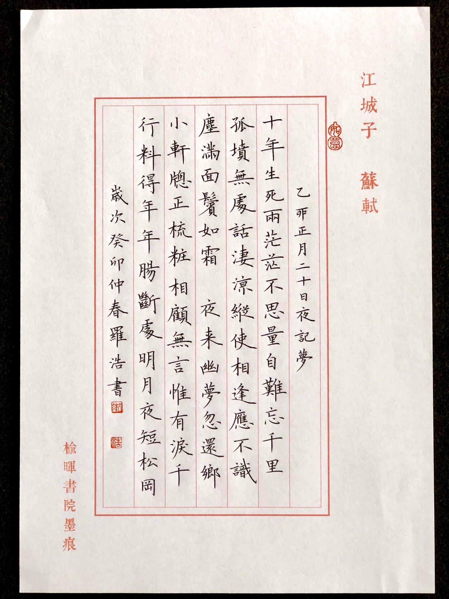 江城子,苏轼,硬笔书法,竖写