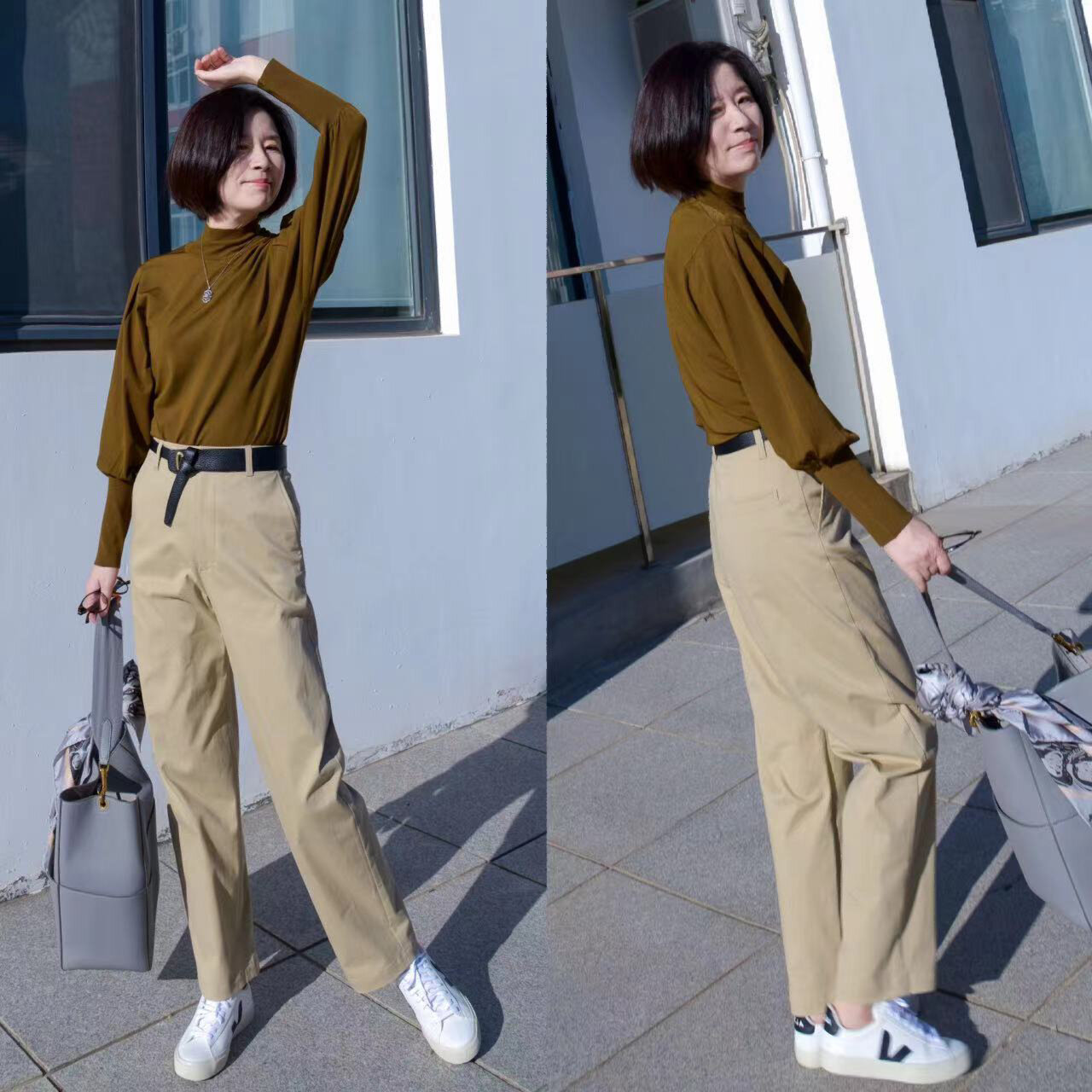 卡其色上衣配驼色裤子 气质高雅 有时髦感