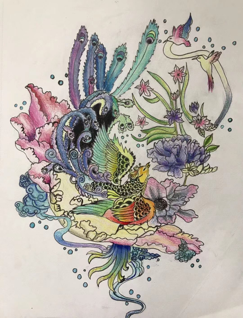 我的得意学生画的作品,8岁的宝贝,太有天赋了,彩铅凤凰77青花瓷