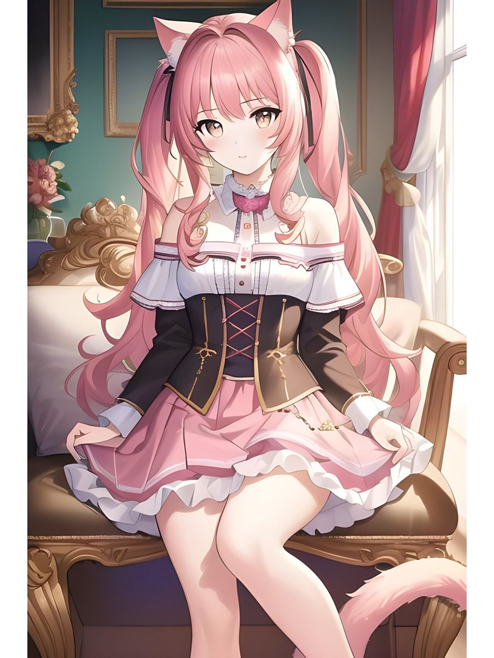 甜美可爱精灵耳猫尾女孩,动漫二次元绘画