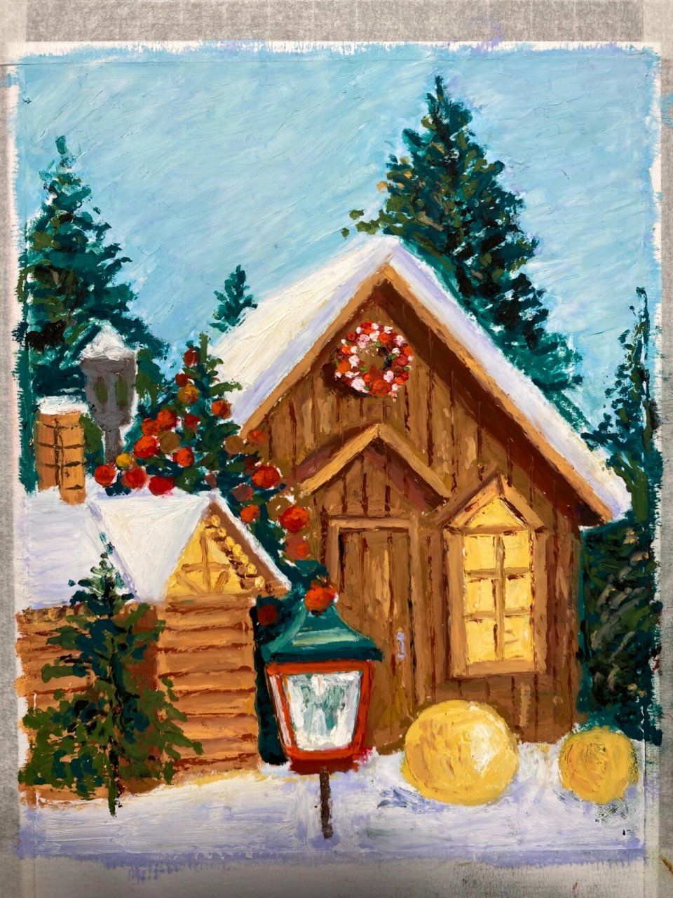 油画棒|圣诞树木屋(附过程图)no.204 你的城市有圣诞的浓郁气息了吗?