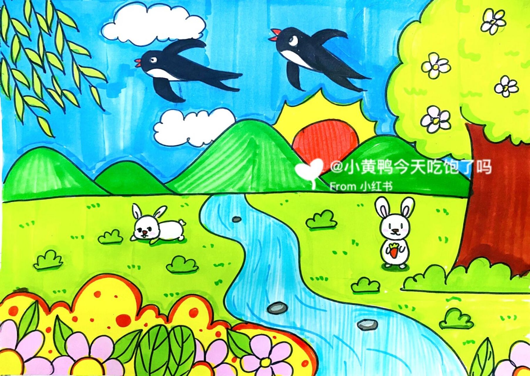 春天主题画 #卡通画# #马克笔# #儿童画# #春天儿童画# #燕子儿童画