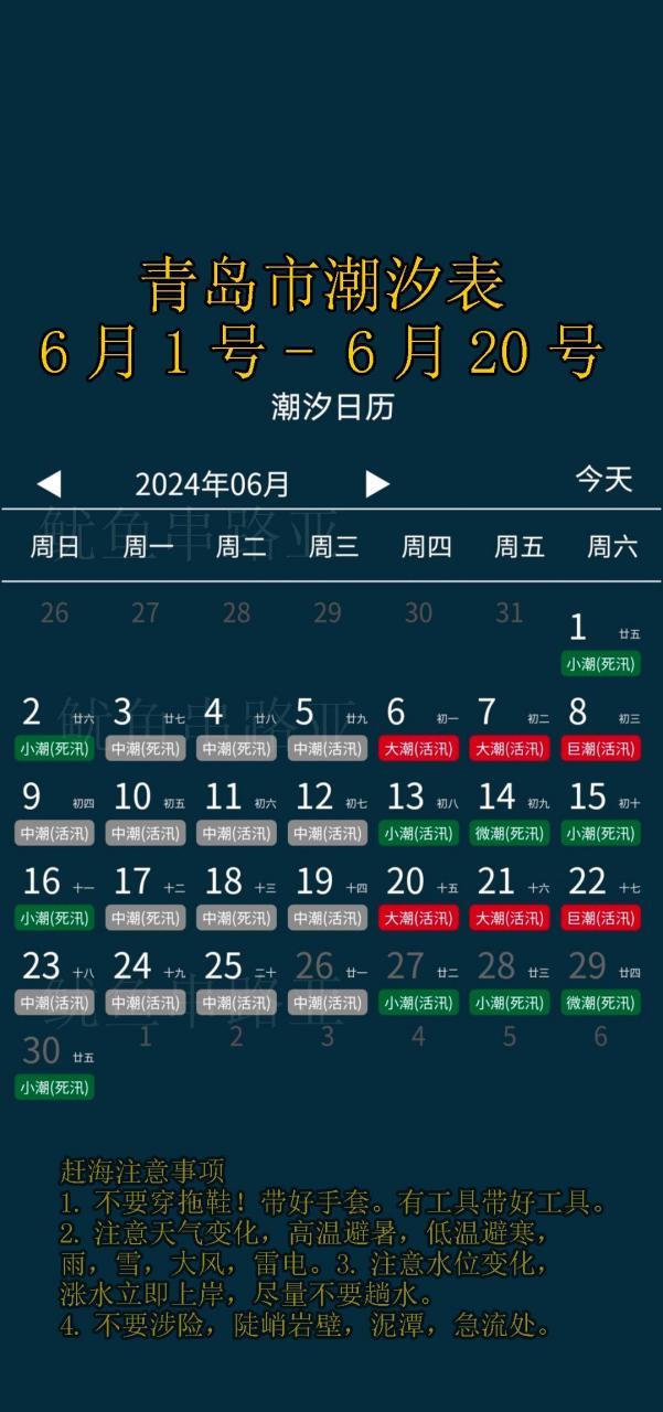 青岛市潮汐表2024年6月1号～6月20号,赶海潮汐表