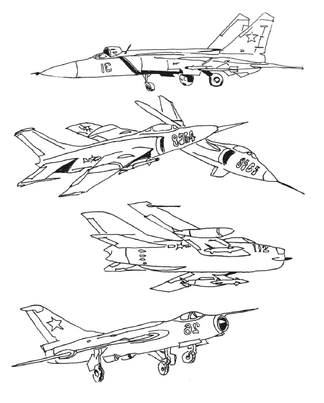 各种角度,各种型号的 飞机,战斗机黑白线描素材 可供学生参考临摹