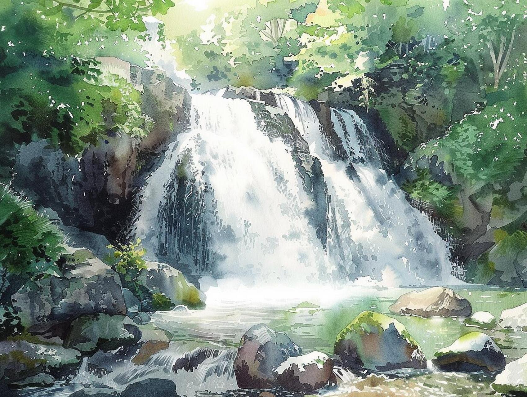 ai水彩|瀑布清泉