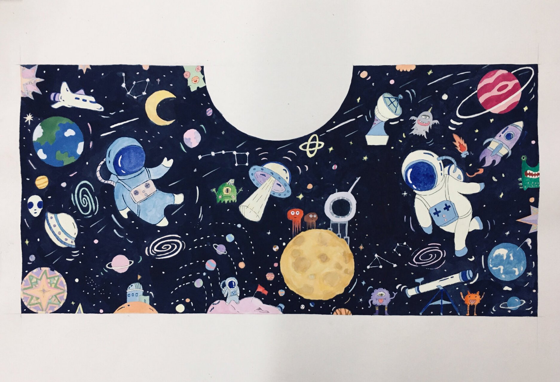 《遨游太空》科技馆壁画设计·水彩画(手绘) 作品偏向于简单的儿童