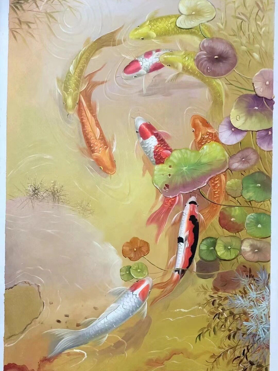 纯手绘油画-《九鱼图