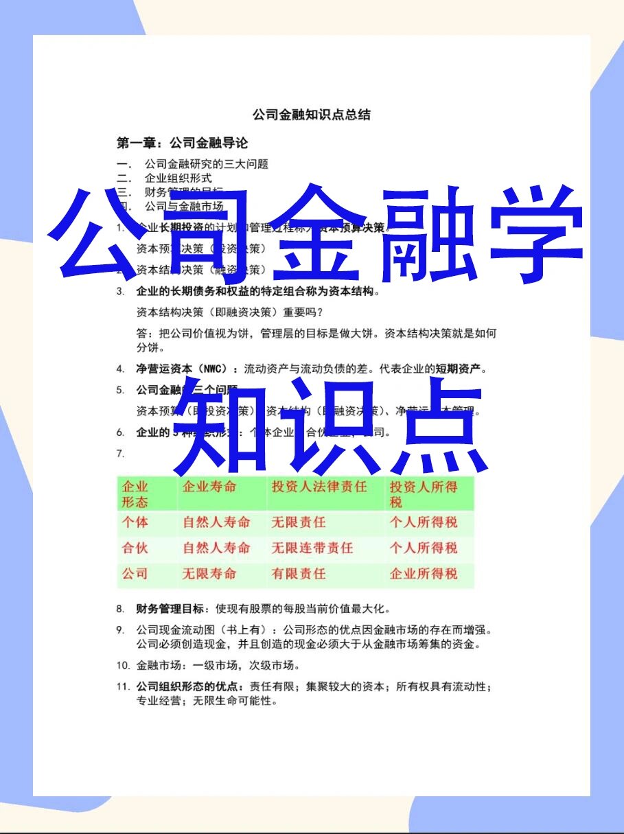 《公司金融学》知识点 重点笔记