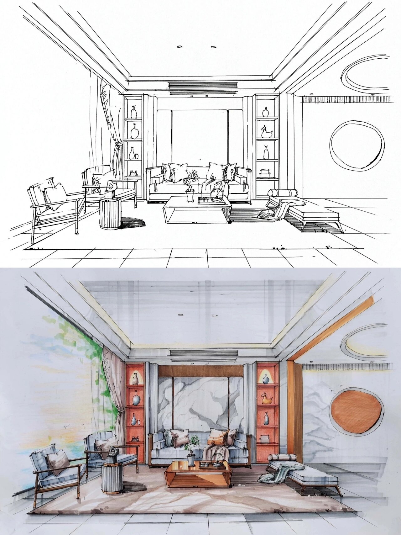 室内设计手绘效果图—新中式客厅