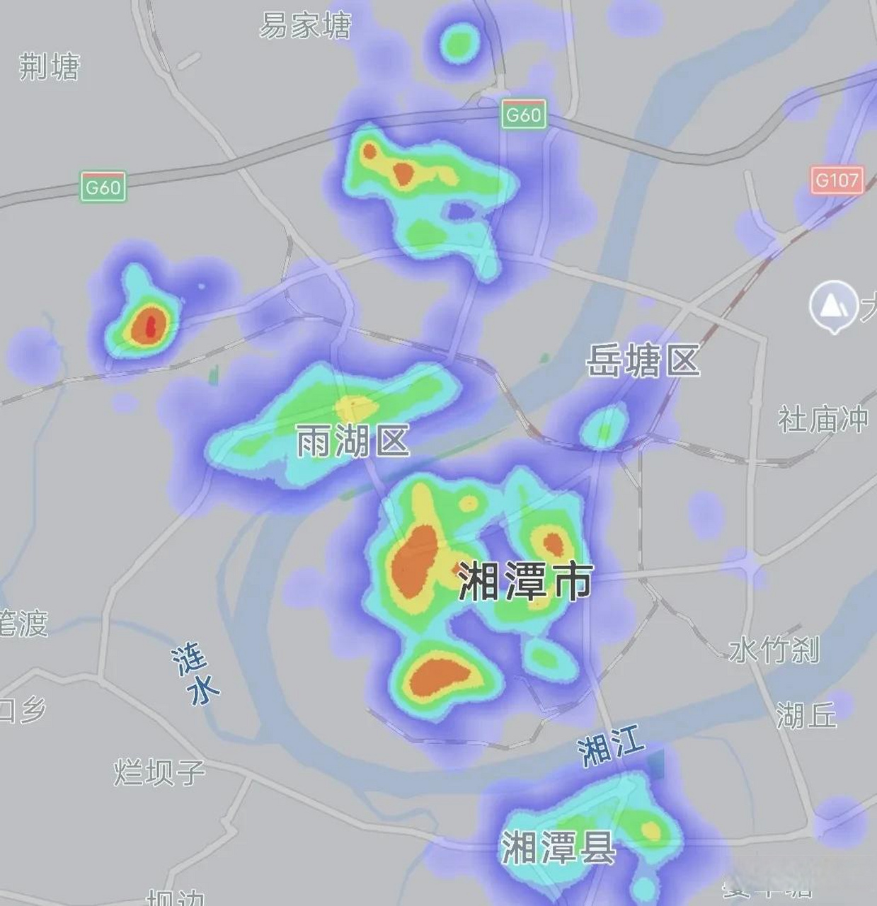 株洲湘潭热力图对比,晚上22:55分相同比例尺下我们看看两座城市有何不