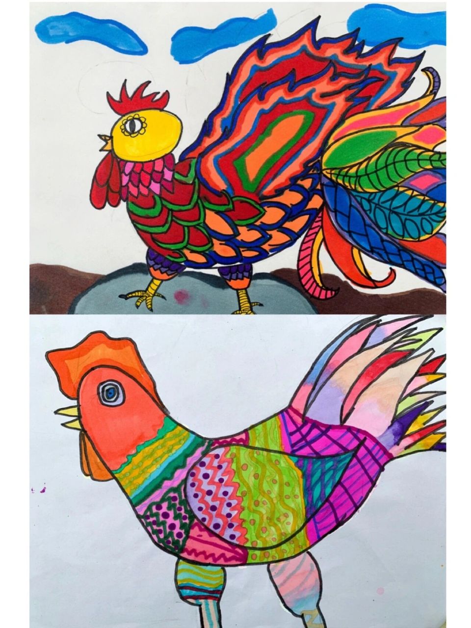 《艳丽的大公鸡》学生作品 96这节课上之前就组织学生尝试画了一次