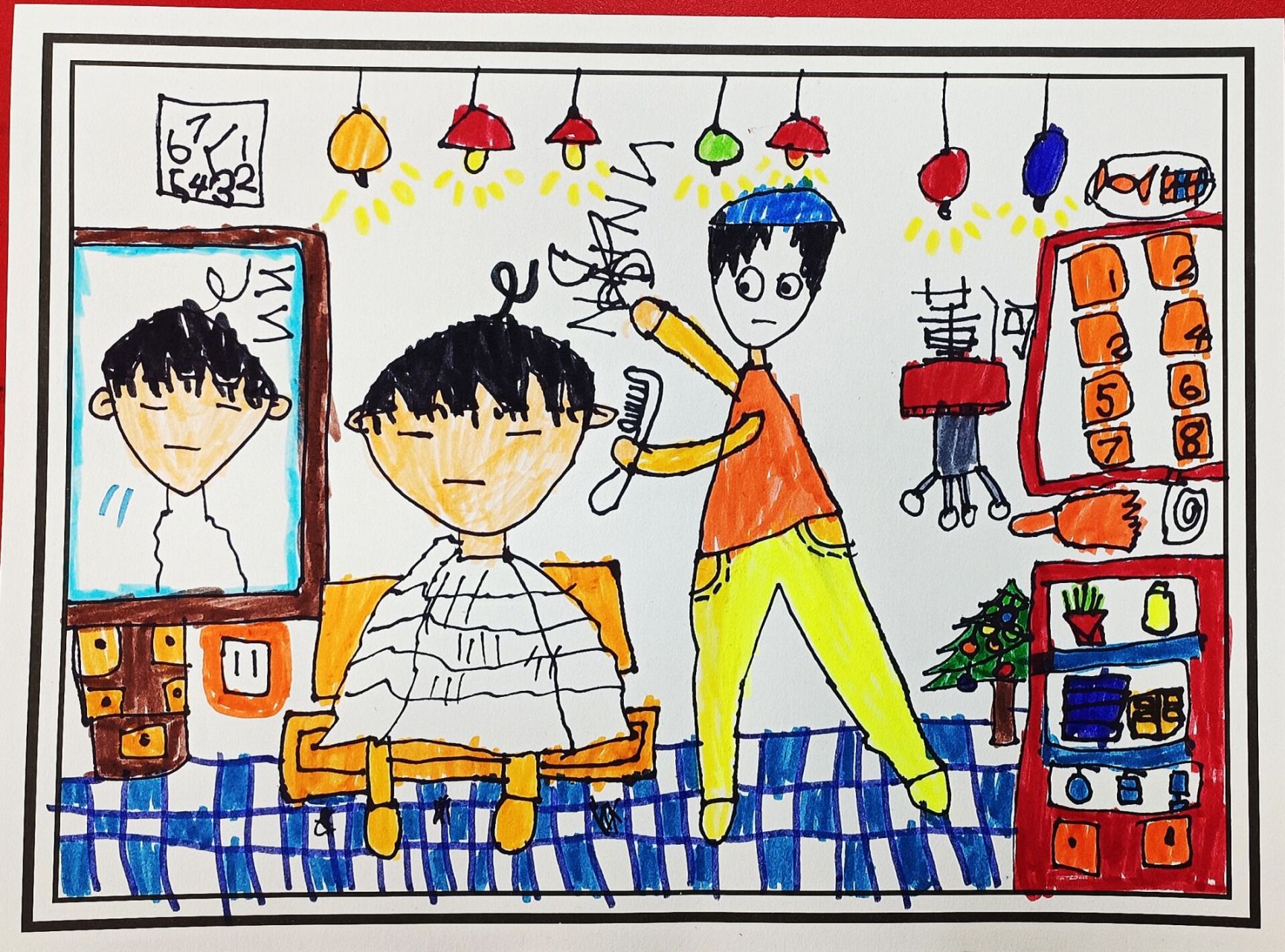 《理发店》儿童画 宝贝们发挥的真不错👍🏻掉落的头发和店铺设计