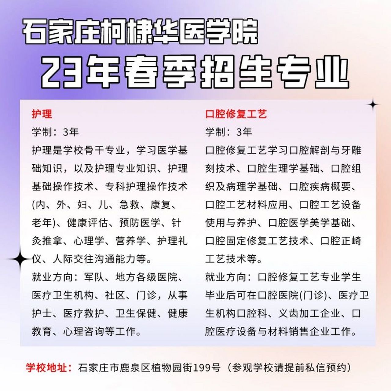 石家庄柯棣华医学院 石家庄柯棣华医学院2023年春季招生专业: 护理