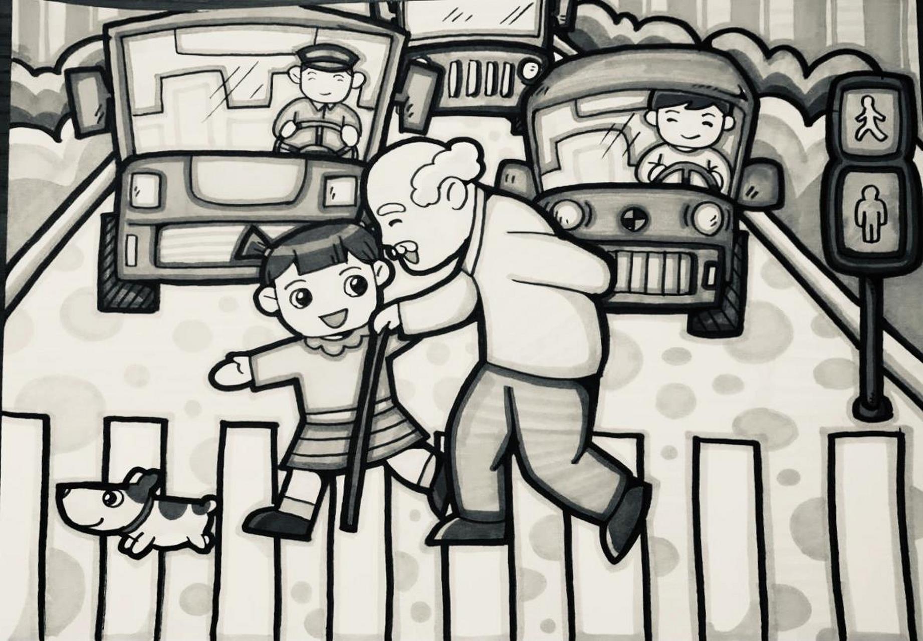 小孩扶老人过马路的画图片