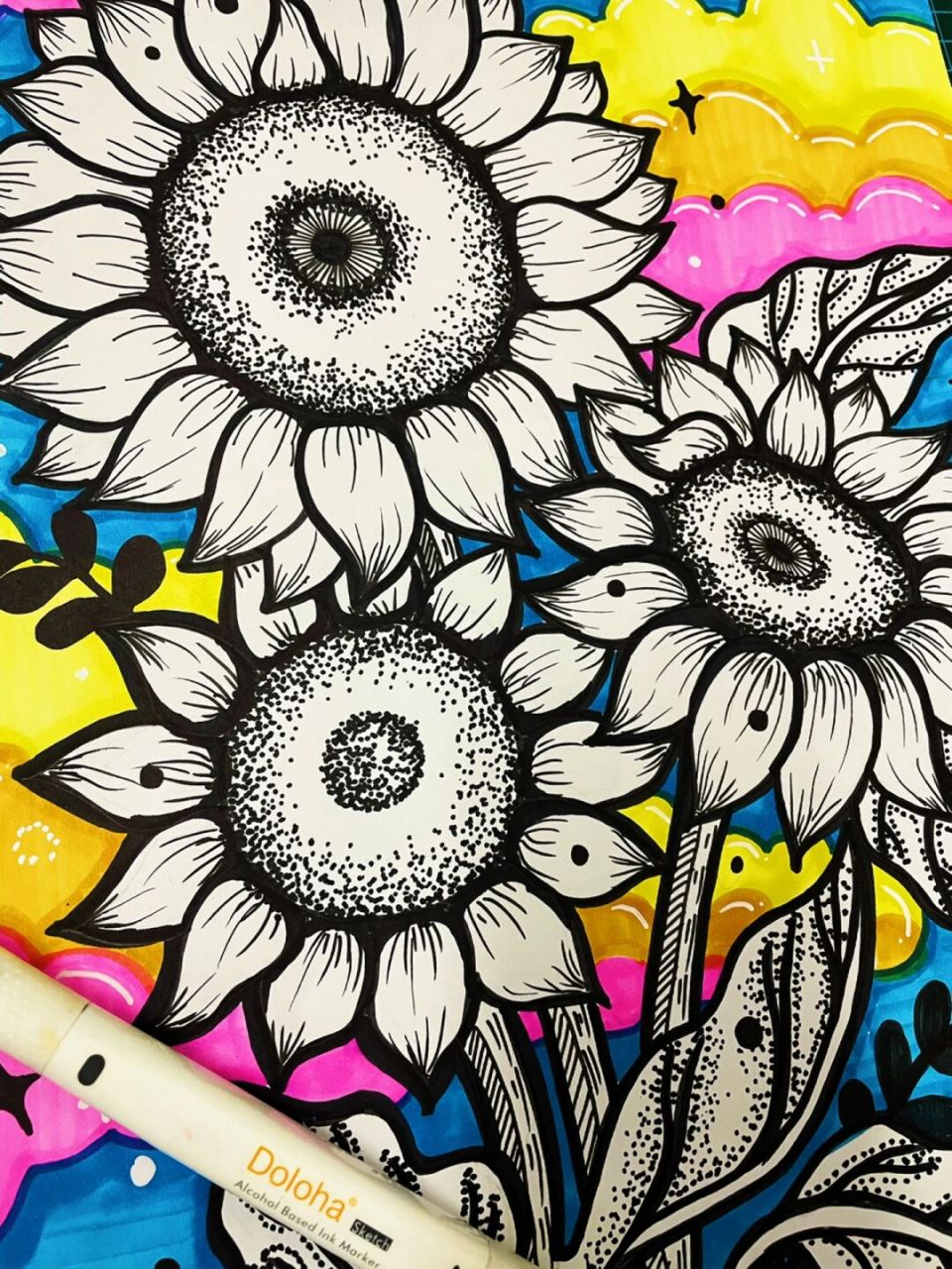 马克笔/线描/向日葵 今日分享马克笔线面,向日葵97 用到了针管笔