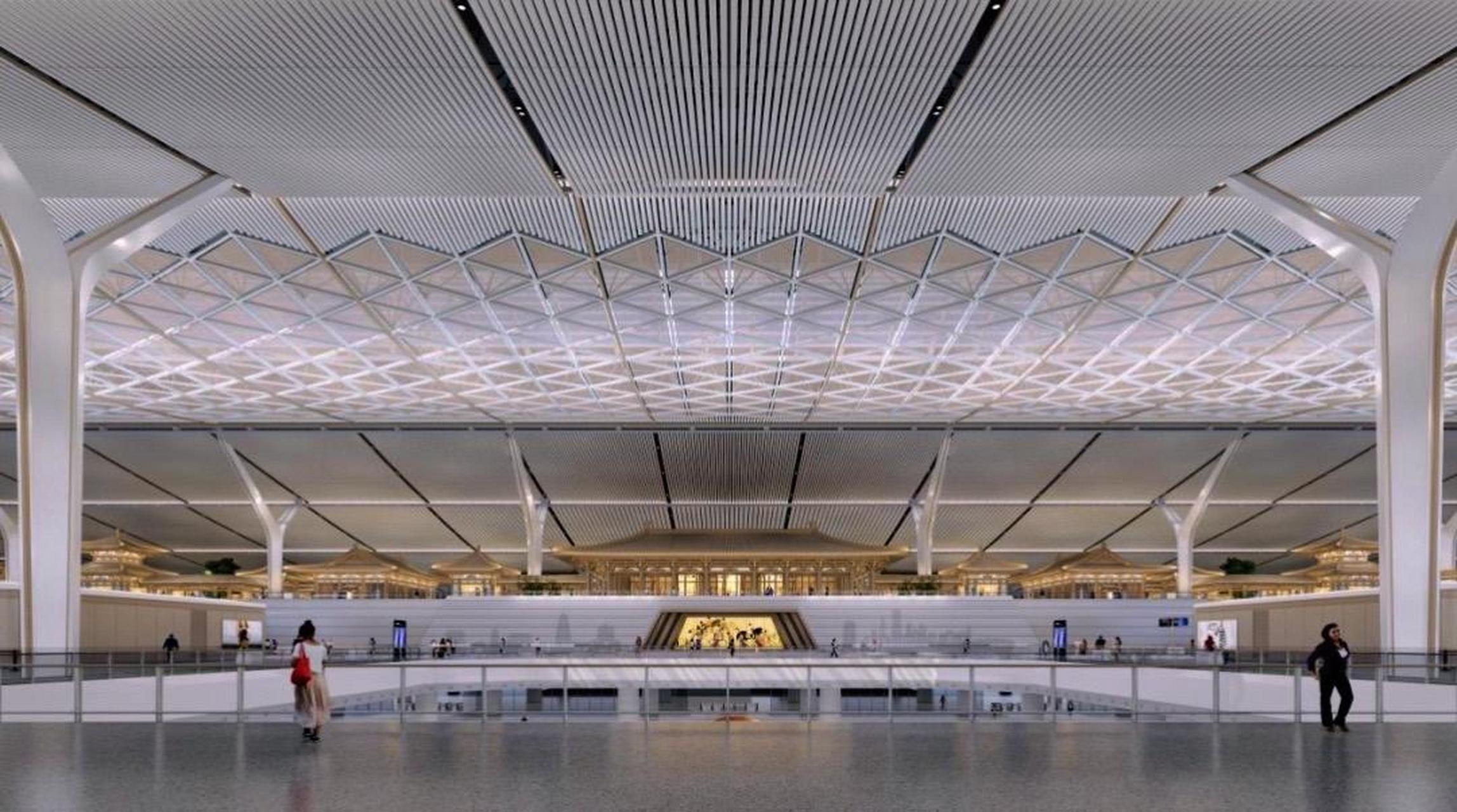 西安咸阳国际机场t5航站楼开灯前后.