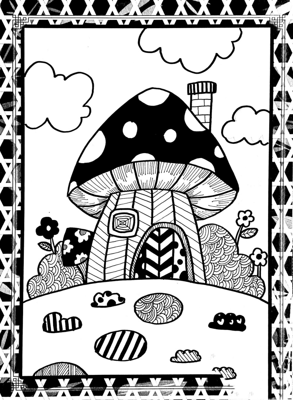 黑白线描《蘑菇屋》 🌟临摹,未保存出处,如需艾特请评论 🌟超可爱